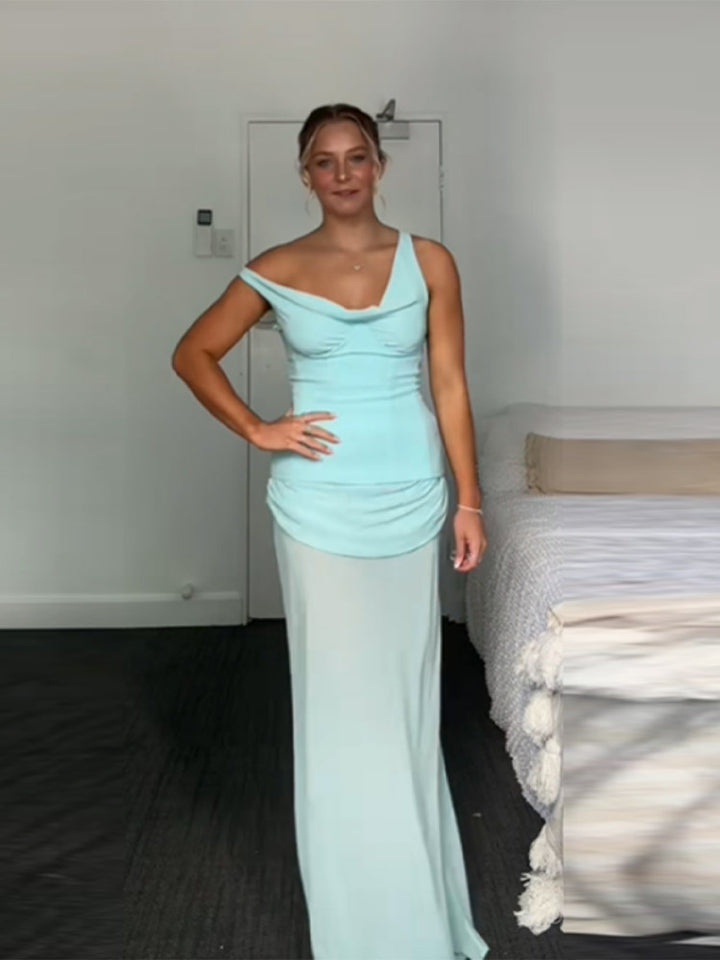 Dame elegant Maxikjole med rynker og asymmetrisk udskæring Skovae
