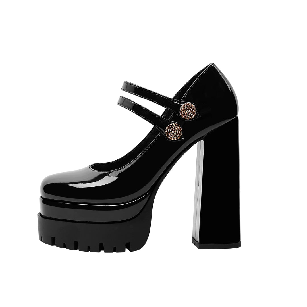 Femme Chunky Platform Mary Jane Hæle med Dobbeltrem og Dekorative Knapper Stilla