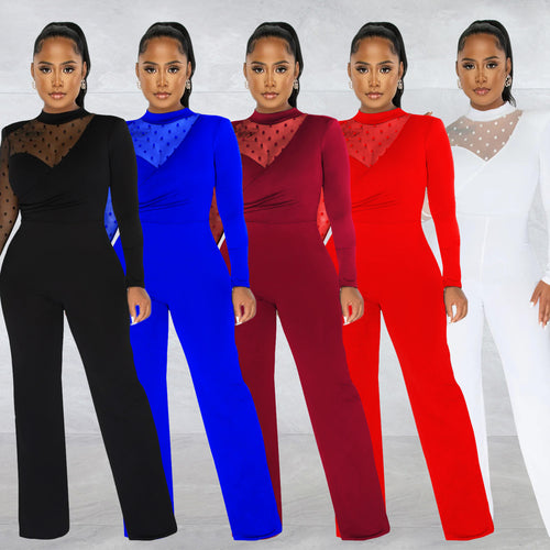 Dame Elegant Jumpsuit med transparente ærmer og stilfuld indpakningsdesign Stilla