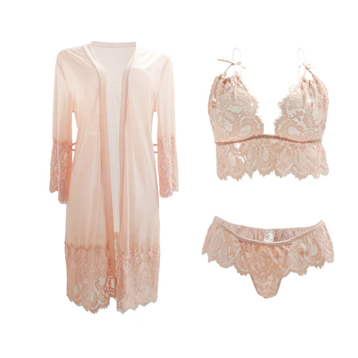 Dame blond babydoll sæt med gennemsigtig kimono og dekorerede stropper Stilla