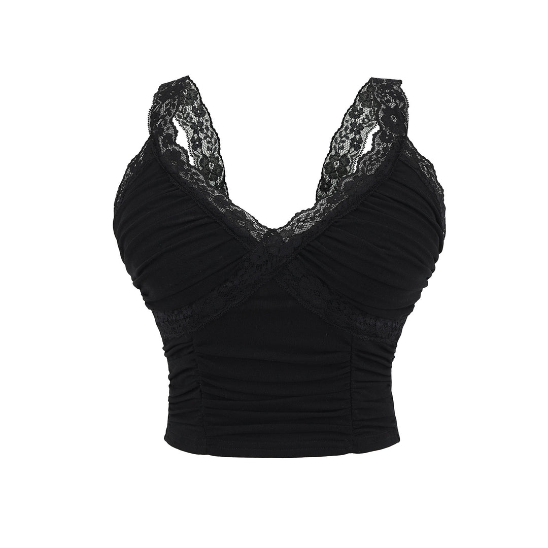 Dame Spaghetti-strop Crop Top med elegant blondekant og raffinerede flæsedetaljer Stilla