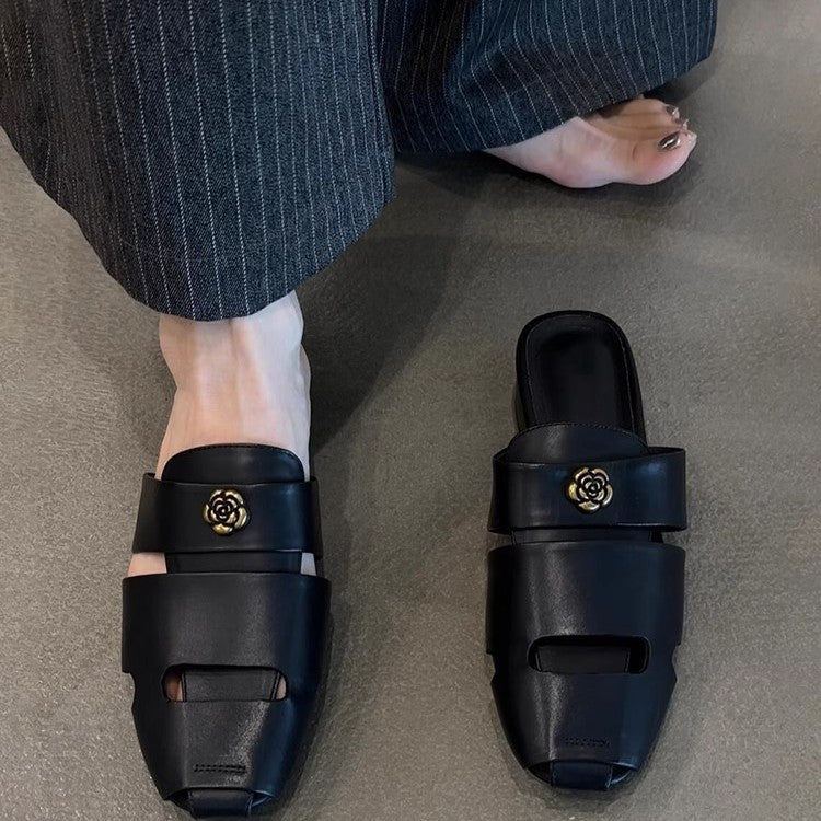 Femme Stilfulde Åbne Tå Mules med Dekorativ Rosenpynt Stilla