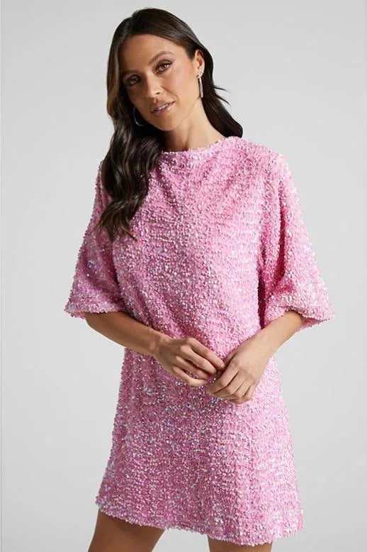 Dame Glamourøs Minikjole med glitrende pailletter og oversized ærmer Stilla