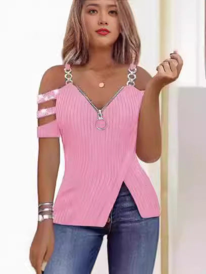 Dame Elegant top med asymmetrisk snit og dekorativ lynlås Skovae