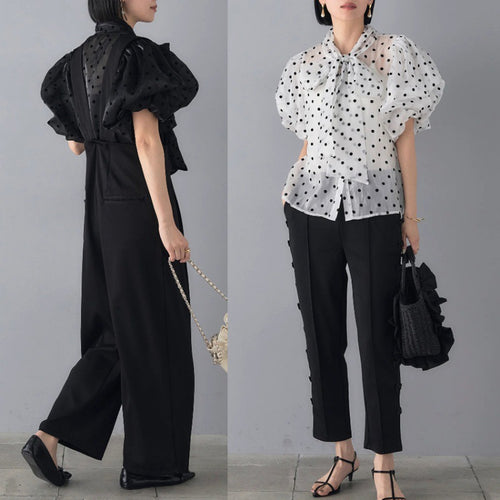 Dame elegant bluse med prikker og puffærmer Stilla