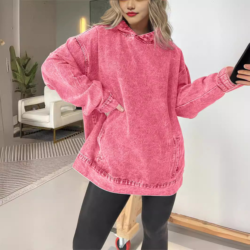 Dame Oversized Hoodie i denim med praktisk kængurulomme Stilla