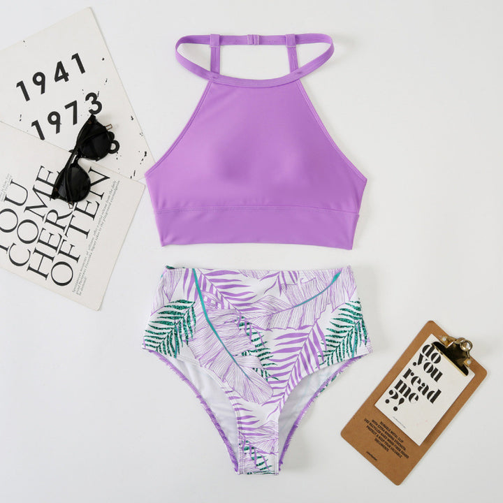 Dame Højtaljeret Bikini-Sæt med raffineret topdesign og unikt bladmønster Stilla