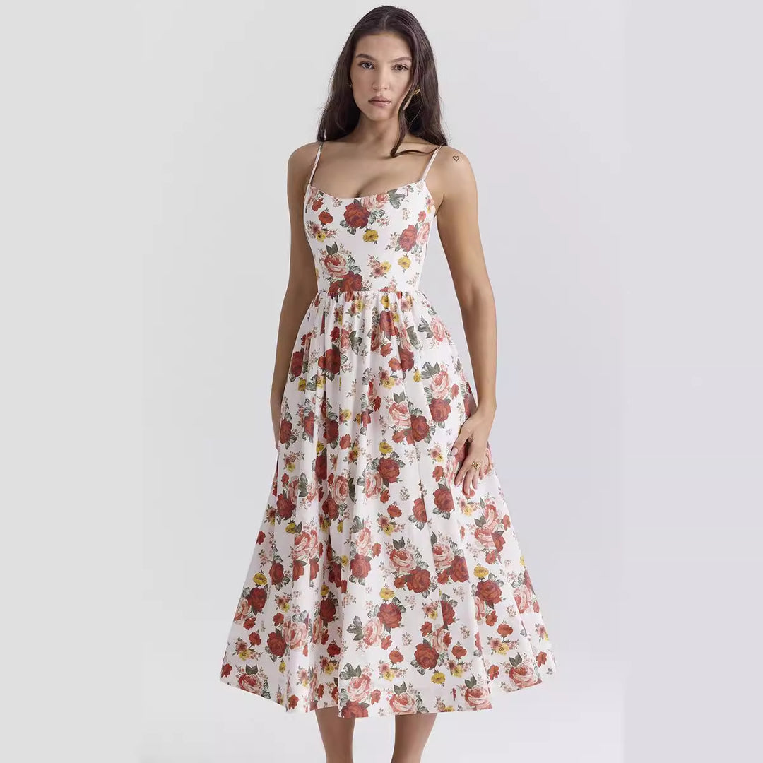 Dame Midi Kjole med elegant blomsterdesign og sart taljestrik Stilla