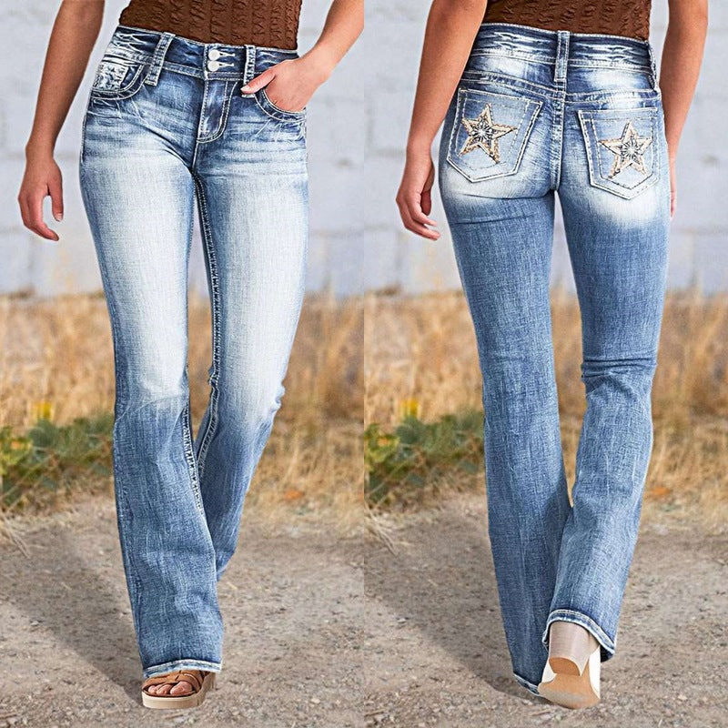 Dame Bootcut Jeans med glitrende palietter og moderne Used-Look Stilla