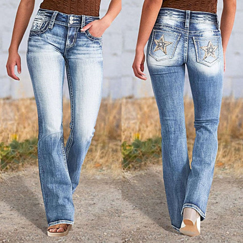 Dame Bootcut Jeans med glitrende palietter og moderne Used-Look Stilla