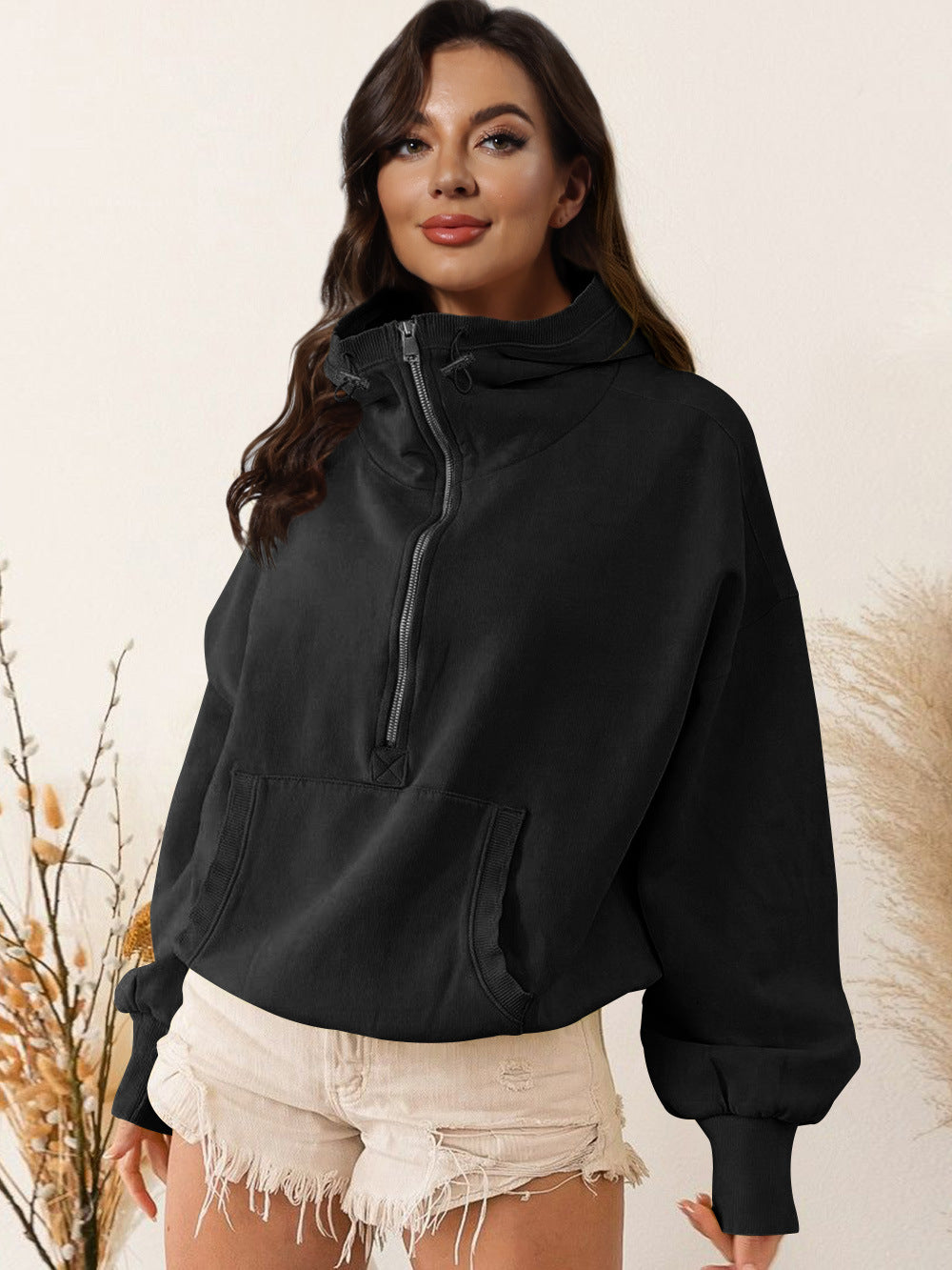 Dame afslappet hoodie med høj krave og lynlås Stilla
