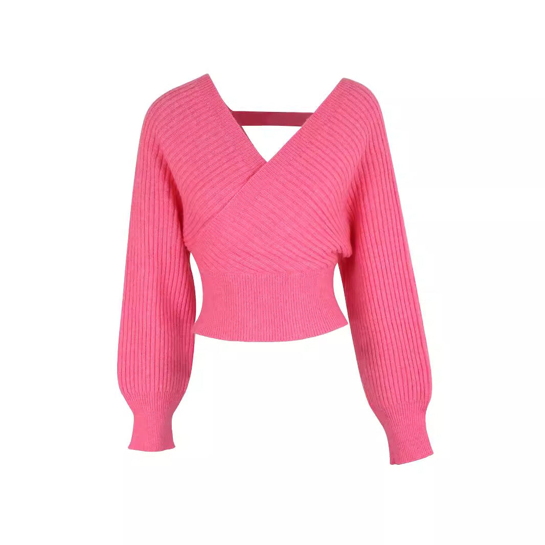 Dame elegant V-hals strikpullover med voluminiøse ærmer Stilla