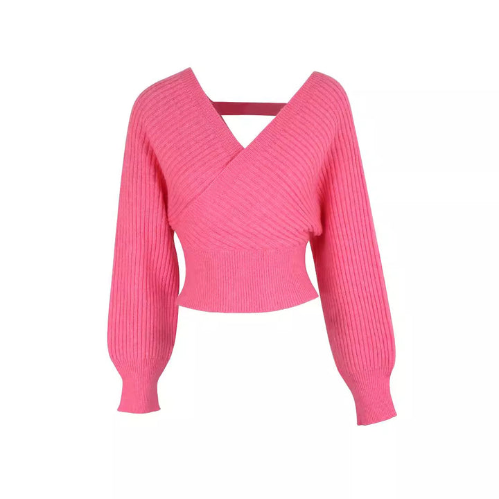 Dame elegant V-hals strikpullover med voluminiøse ærmer Stilla