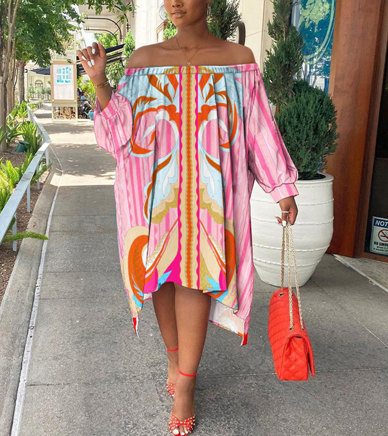 Dame Off-Shoulder Kjole med farverig print og afslappet snit Stilla