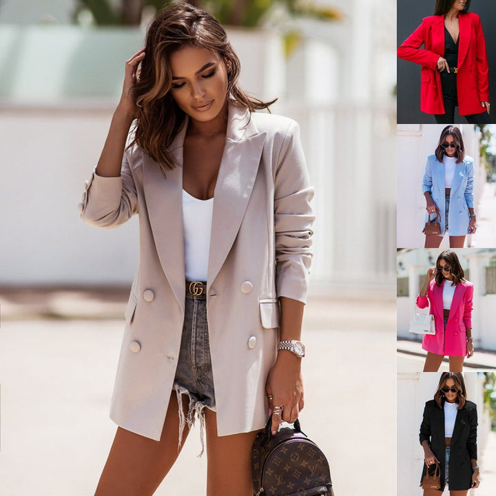 Kvinders elegante oversized blazer med dobbeltradet knaplukning og silkeagtig finish Stilla