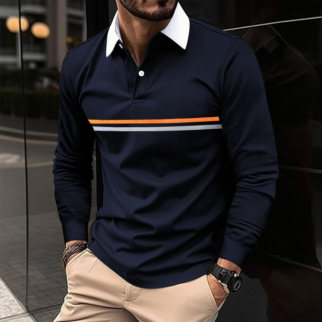 Herre Langærmet Polo T-shirt med kontrasterende krave og sporty stribemønster Stilla