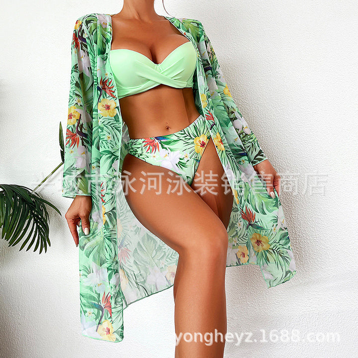 Dame bikiniset med blomster kimono og bindebånd Stilla