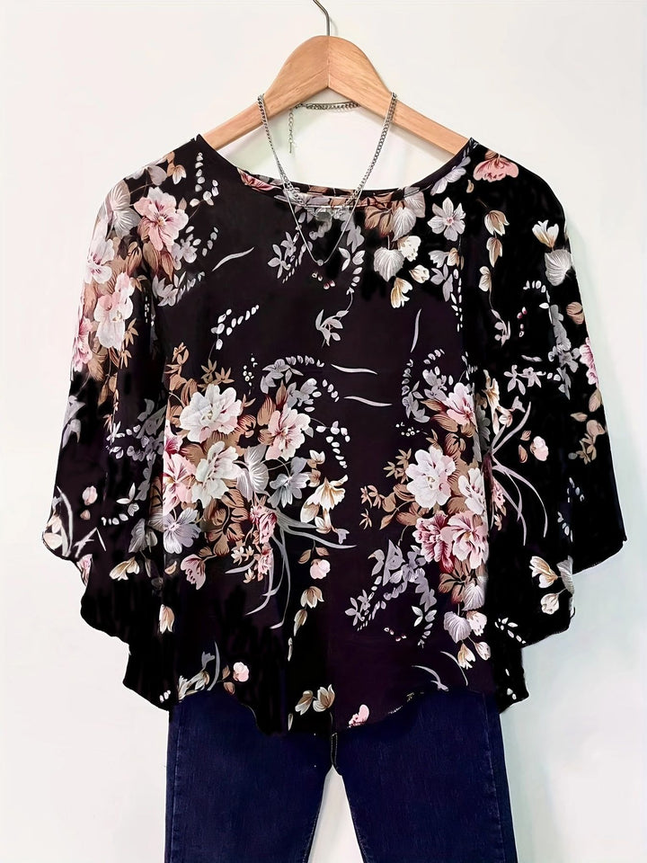 Damebluse i chiffon med blomsterprint Stilla