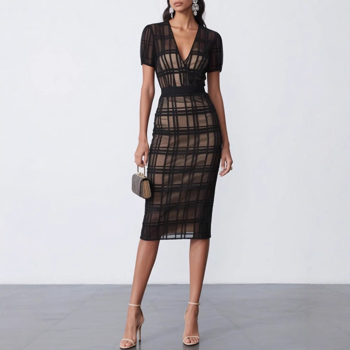 Dame Bodycon Mesh Midi Kjole med Rutmønster Stilla