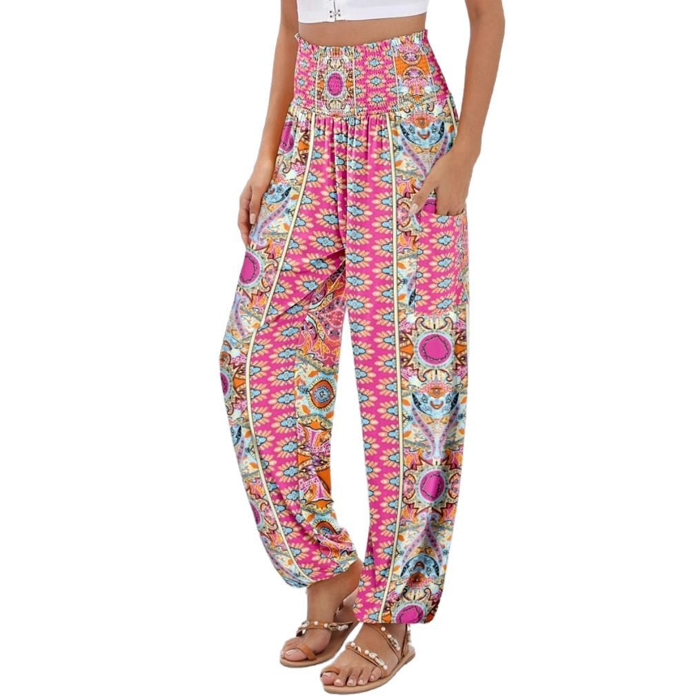 Dame elegant og komfortabel strandbukser med elastisk talje og farverigt paisley-mønster Stilla