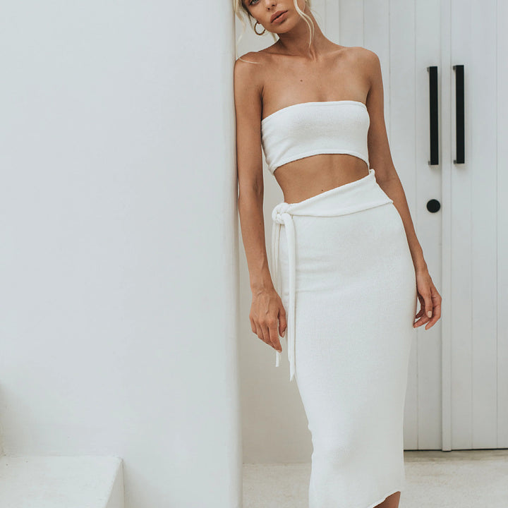 Dame Crop Top og Midi-Nederdel Sæt med Bindebælte og Urban Stil Stilla