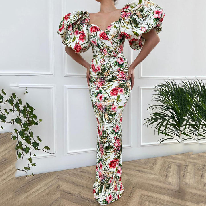 Dame Elegant Maxikjole med voluminøse puffærmer og blomsterdesign Stilla