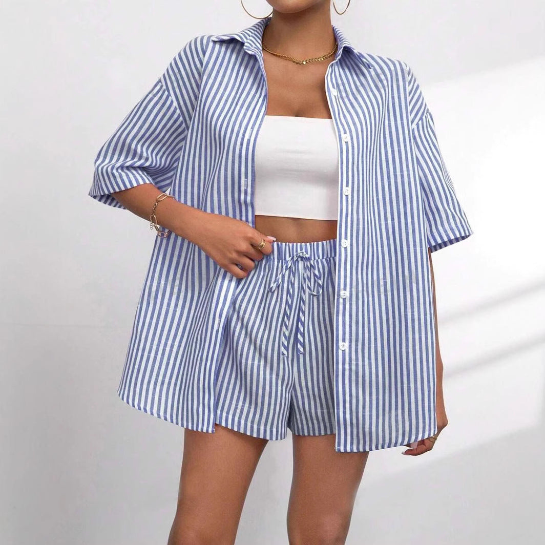 Dame Løs Kortærmet Pyjama-Sæt med Stribet Design Stilla