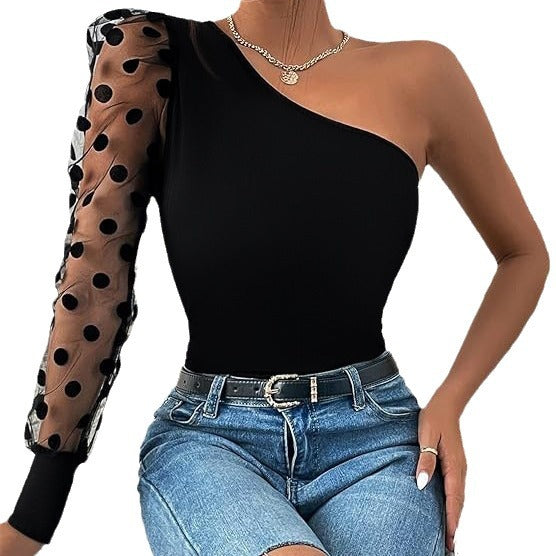 Dame Elegant bodysuit med asymmetrisk snit og gennemsigtig puffærme Stilla