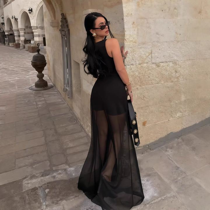 Damer Elegant Maxi-kjole med transparent chiffon-overlag og tætsiddende inderkjole Skovae