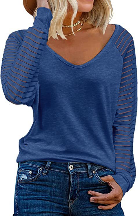 Dame V-hals top med transparente stribearm Stilla