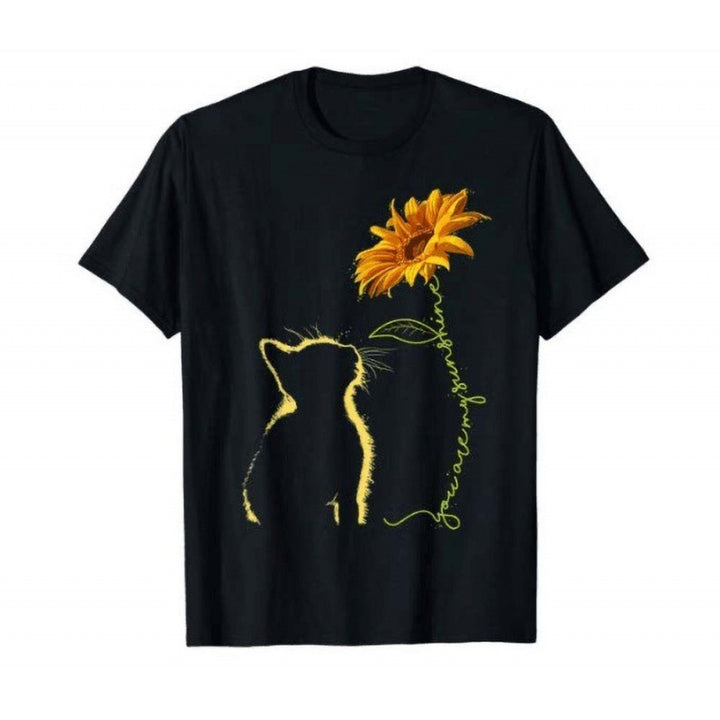 Kvinders T-shirt med kreativ kat og solsikke motiv Stilla