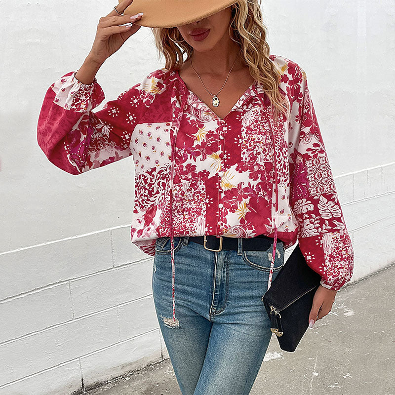 Femme Bohemian Patchwork Knap-Down Bluse Stilla