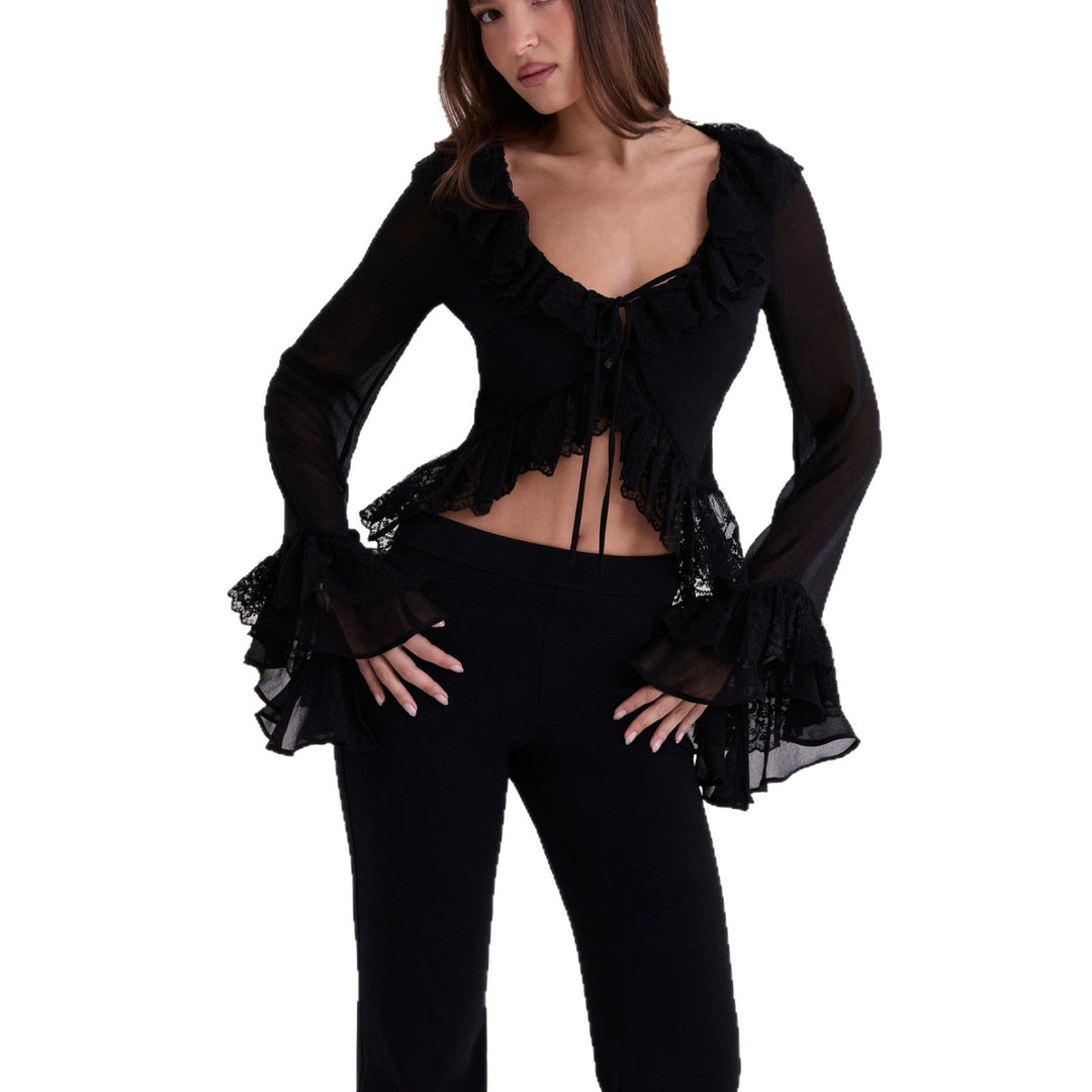 Dame Chiffonbluse med spidsbroderi Skovae