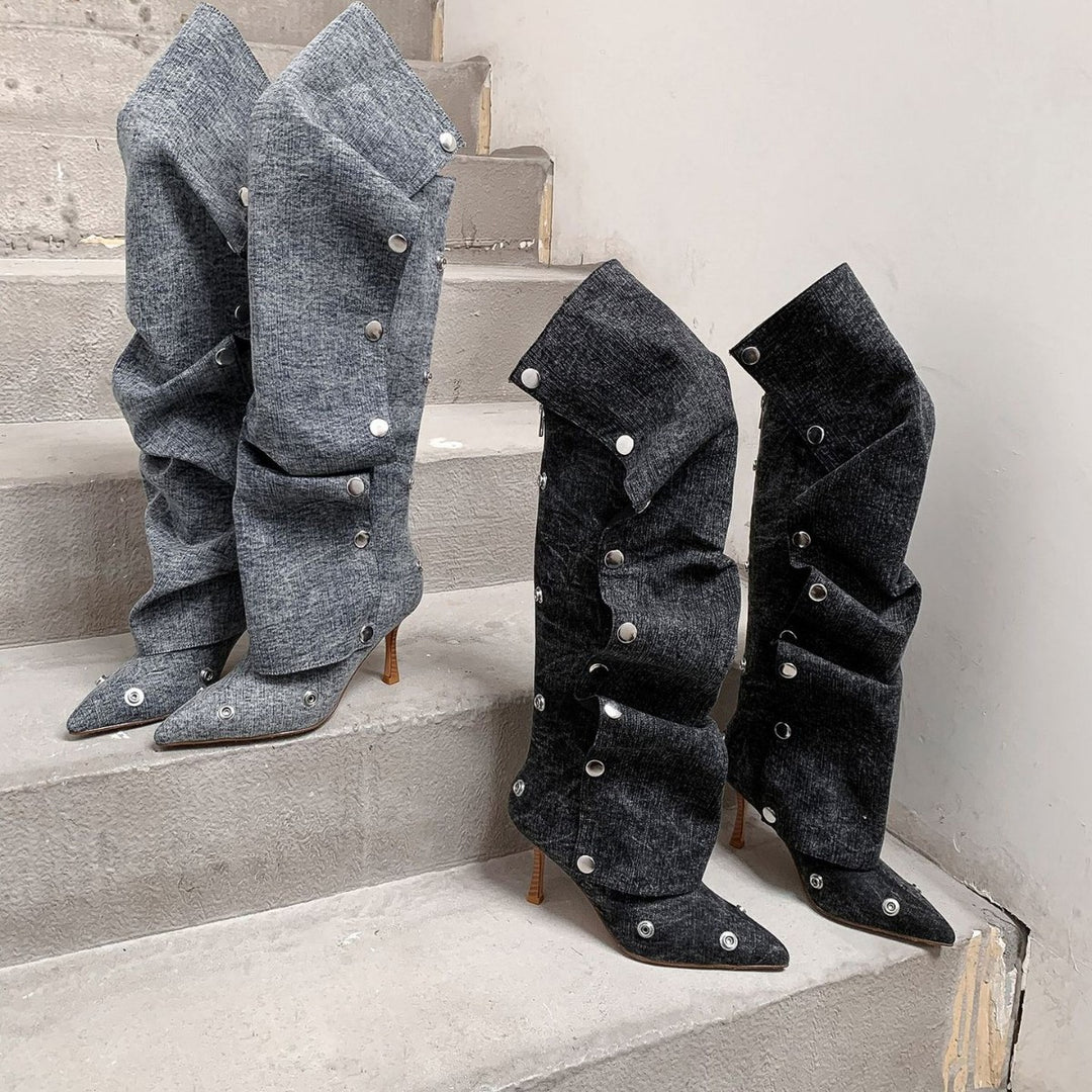 Femme Over-knæet Denim Stiletto Støvler med dekorativ knapdesign Stilla