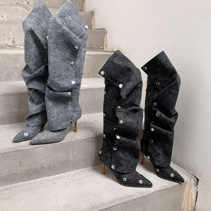 Femme Over-knæet Denim Stiletto Støvler med dekorativ knapdesign Stilla
