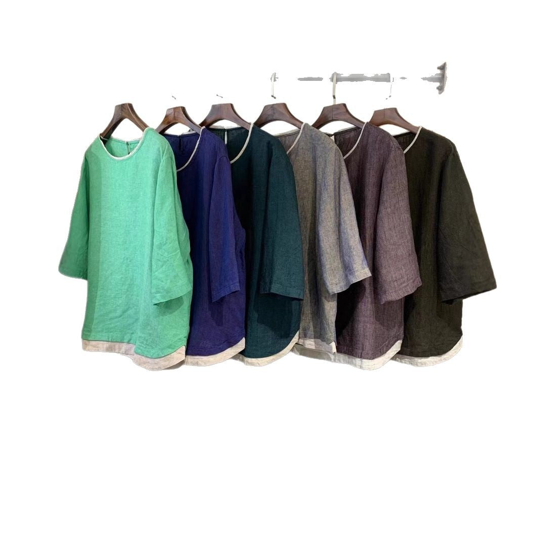 Femme Elegante Linned blouse med trekvartærmer Stilla