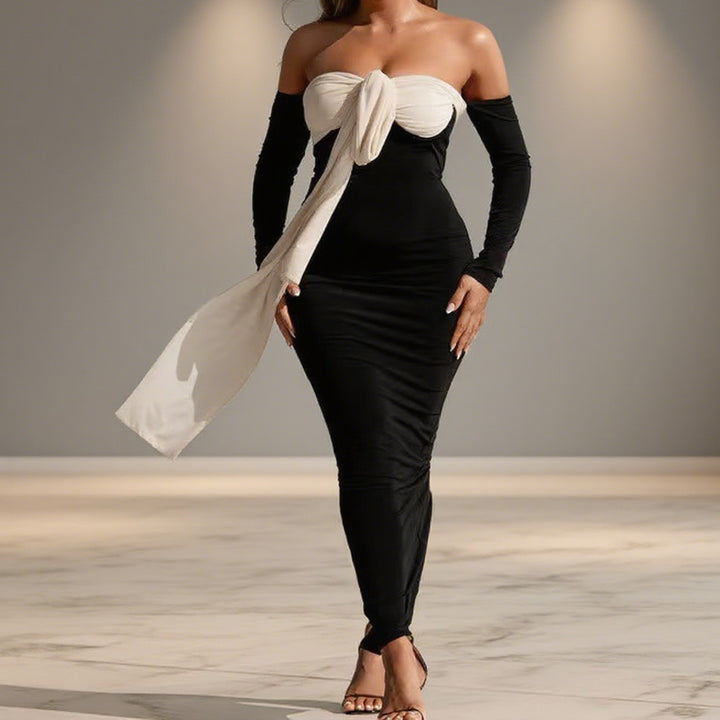 Damer Elegant Off-Shoulder Maxikjole med dekorativ knude og lange ærmer Skovae