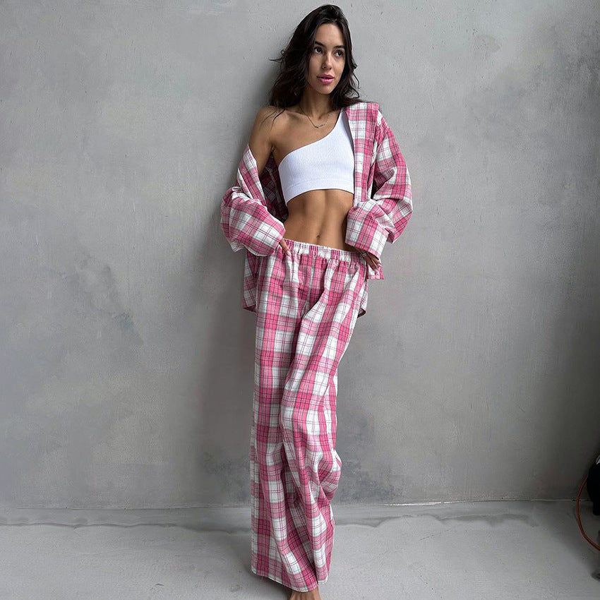 Dame pyjamasæt i blødt flannel med ternet mønster og elastisk talje Stilla
