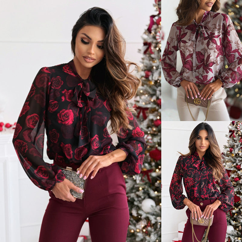 Dame Elegant Chiffonbluse med florale accenter og sløjfedetalje Stilla
