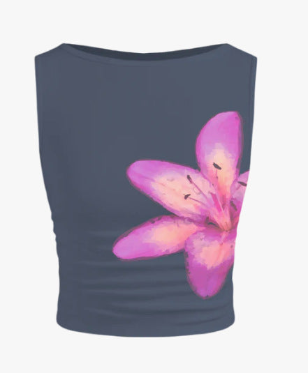 Dame ærmeløs crop-top med blomsterprint og tætsiddende snit Skovae