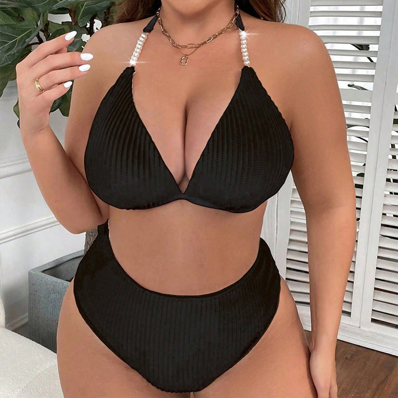 Damer højtaljede rib-bikini-sæt med elegante stropper Skovae