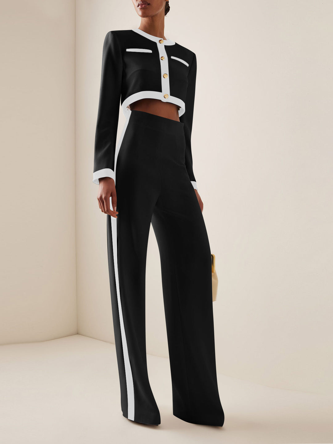 Dame elegant cropped blazer sæt med vidde bukser og gyldne knapper Stilla