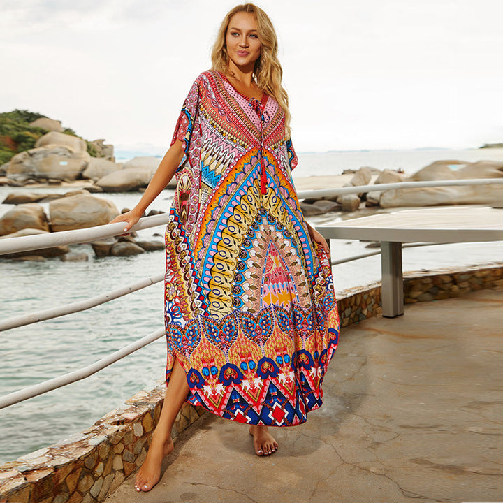 Dame Strandkaftan med farverigt mandala-design og vid snit Stilla