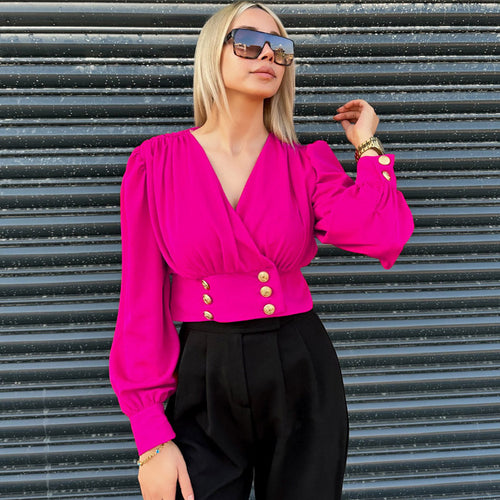 Dame Elegant Bluse med Puffærmer og Knapdetaljer Stilla