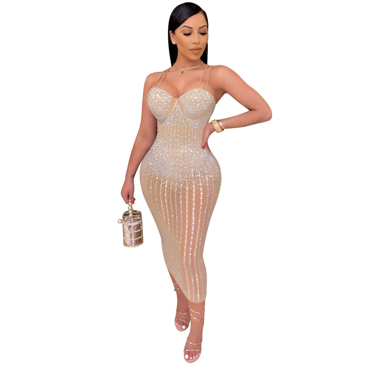 Dame Bodycon Midi Kjole med Strass dekoration Stilla