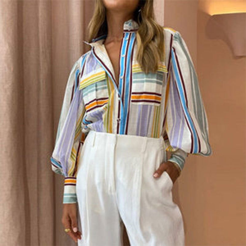 Kvinders afslappede bluse med elegante puffærmer og stribede mønstre Stilla