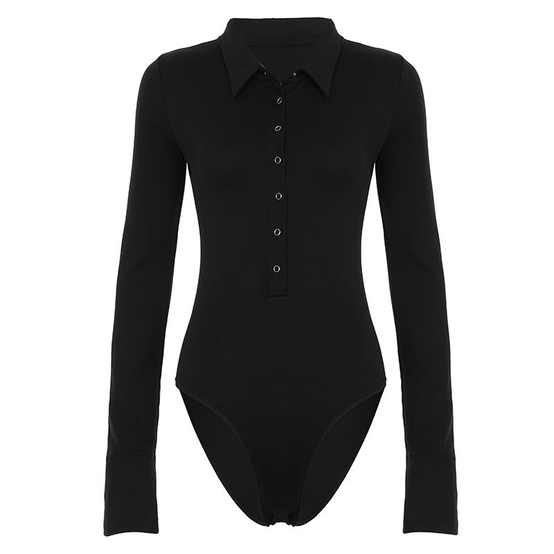 Dame Langærmet bodysuit med elegant krave og gennemgående knaplukning Skovae