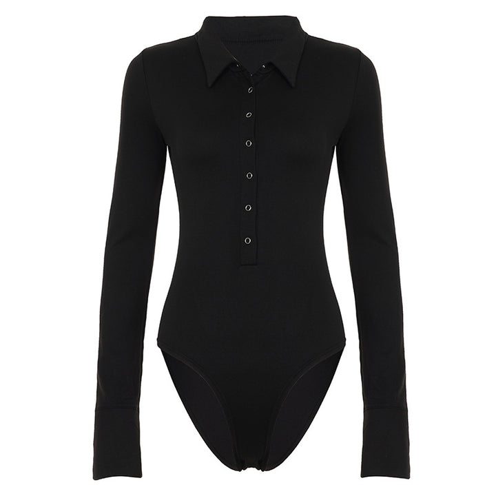 Dame Langærmet bodysuit med elegant krave og gennemgående knaplukning Skovae