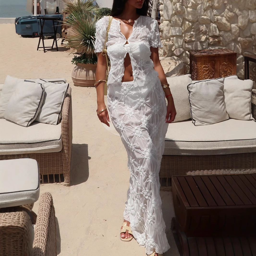 Damer Elegant og let tof pieces strandkjole-sæt med florale applikationer Stilla
