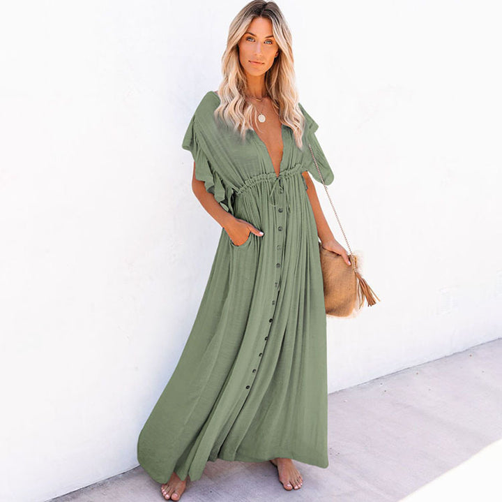 Dame Maxi-kjole med ruffles detaljer og praktiske lommer Stilla